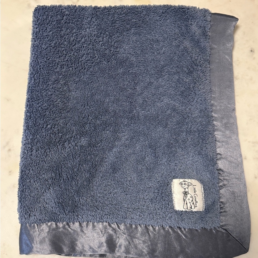 Little Giraffe Blue Baby Blanket with Satin Trim